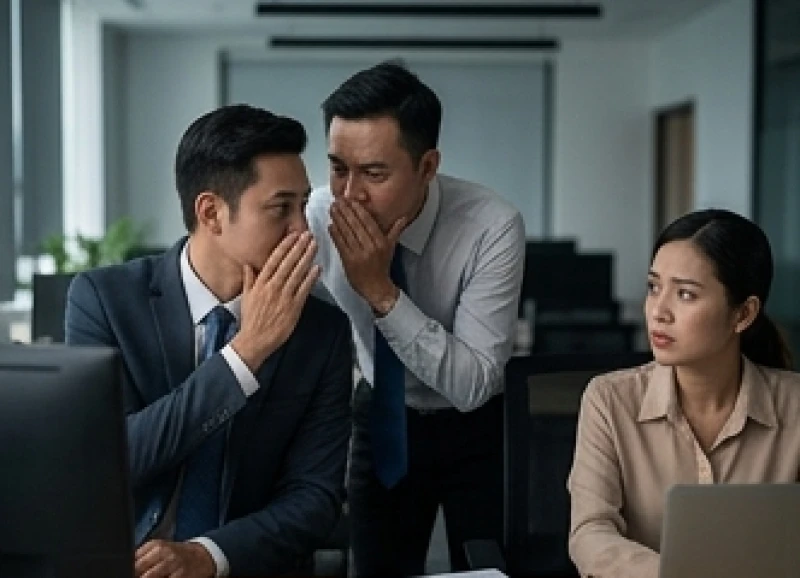 Nhóm nhân viên văn phòng đang thì thầm to nhỏ và tranh cãi ở phía sau một bàn làm việc mang đến thị phi