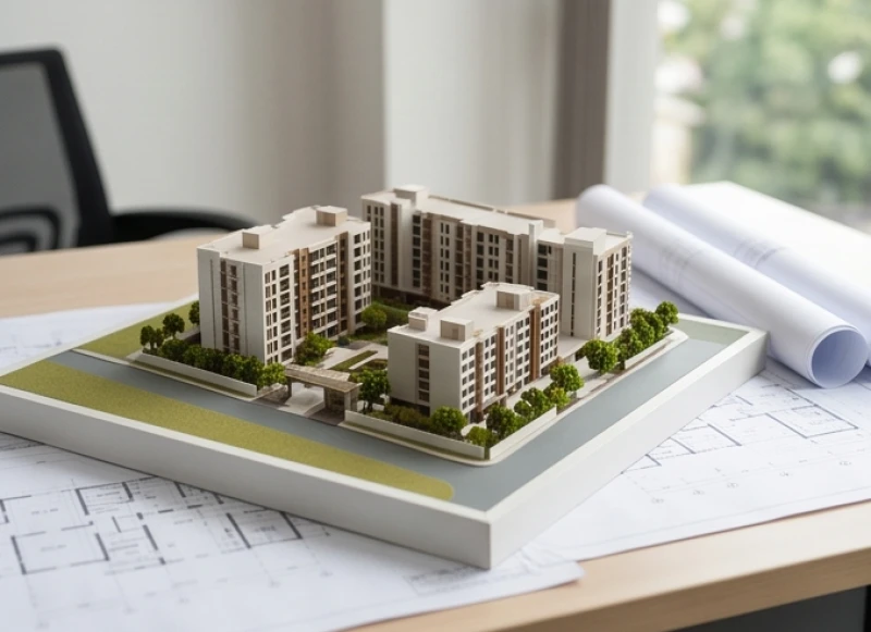 Mô hình quy hoạch khu đô thị và các bản vẽ thiết kế nhà ở trên bàn làm việc của chuyên gia môi giới