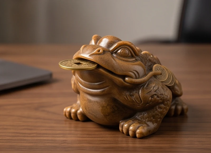 Vật phẩm phong thủy cho tuổi Ngọ: Khoảng giá và hướng bài trí 7 Tượng thiềm thừ cóc ba chân ngậm đồng xu đặt trên bệ gỗ tài lộc