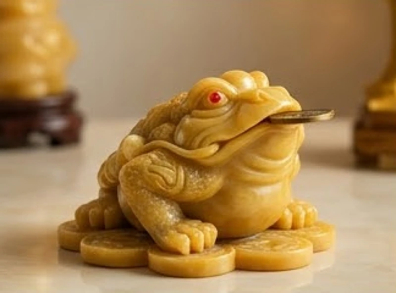 Cụ Thiềm Thừ bằng đá ngọc hoàng long màu vàng sậm đang ngậm đồng tiền cổ