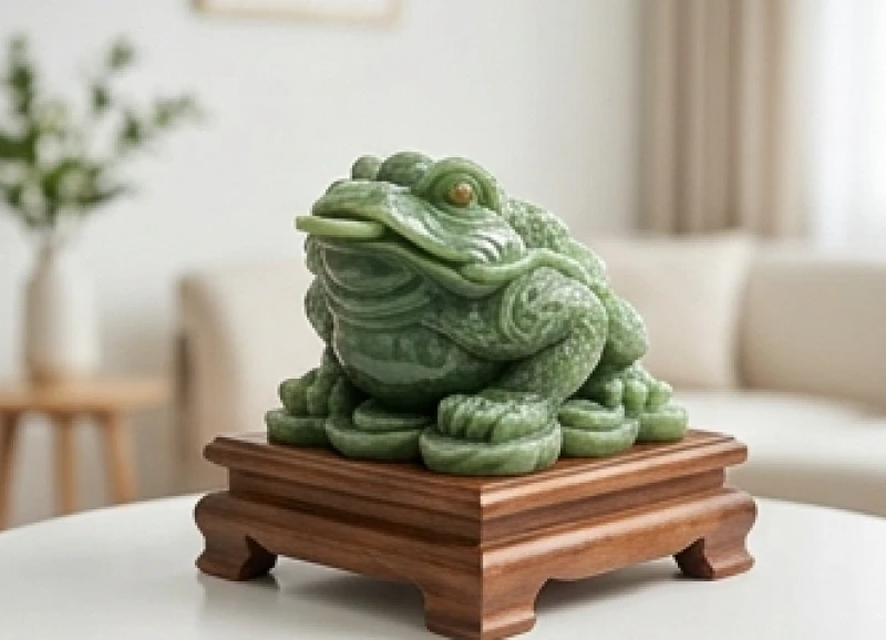 Cách hóa giải vận hạn cho tuổi Mùi: văn khấn và vật phẩm 6 Tượng cóc ngậm tiền bằng đá xanh ngọc bích đặt trang trọng trên bàn phòng khách đón tài lộc