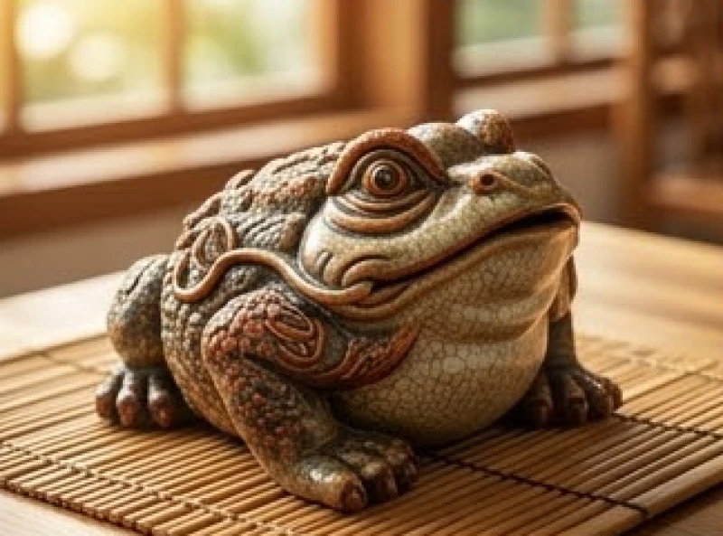 Bức tượng thiềm thừ bằng gốm sứ tráng men bóng với họa tiết đắp nổi truyền thống