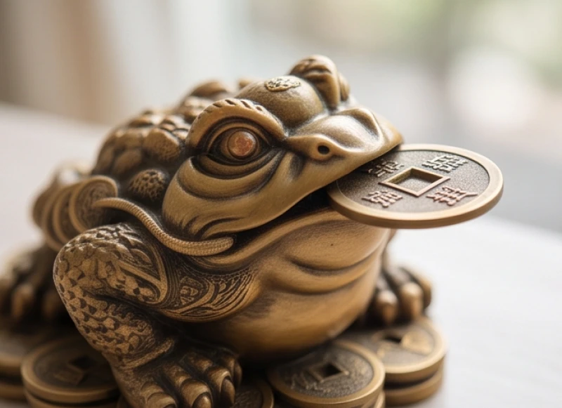 Thiềm thừ phong thủy tuổi Tý: Tra cứu ngũ hành và hướng bài trí 2 Cận cảnh tượng thiềm thừ ngậm đồng tiền cổ mạ vàng rực rỡ với các chi tiết chạm khắc tinh xảo