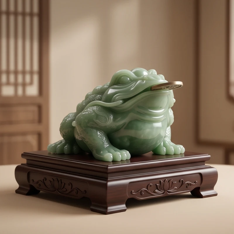 Tượng thiềm thừ ngậm tiền xu đặt trang trọng trên bệ gỗ với ánh sáng màu đỏ cam ấm áp