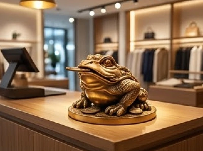 Tượng cóc ngậm tiền Thiềm Thừ bằng đồng sáng bóng được đặt cẩn thận trên quầy thu ngân