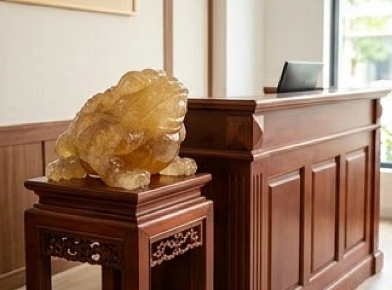 Cụ thiềm thừ kích thước lớn tạc từ khối đá thạch anh vàng đặt kiên cố trên đôn gỗ cạnh quầy thu ngân