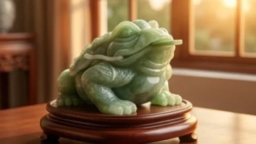 Tượng thiềm thừ phong thủy tuổi dần bằng đá ngọc bích đặt trên bệ gỗ sang trọng.