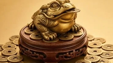 Tượng Thiềm Thừ phong thủy bằng đồng mạ vàng đặt trên đôn gỗ uy nghi đại diện cho tài lộc tuổi Mùi