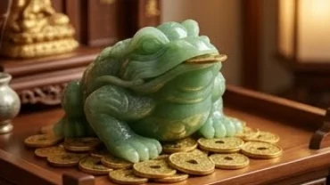 Tượng thiềm thừ phong thủy tuổi Ngọ bằng ngọc bích an vị uy nghi trên ban thờ Thần Tài