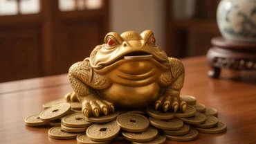 Tượng cóc thiềm thừ phong thủy tuổi sửu bằng đồng ngậm tiền vàng đặt trên bàn gỗ