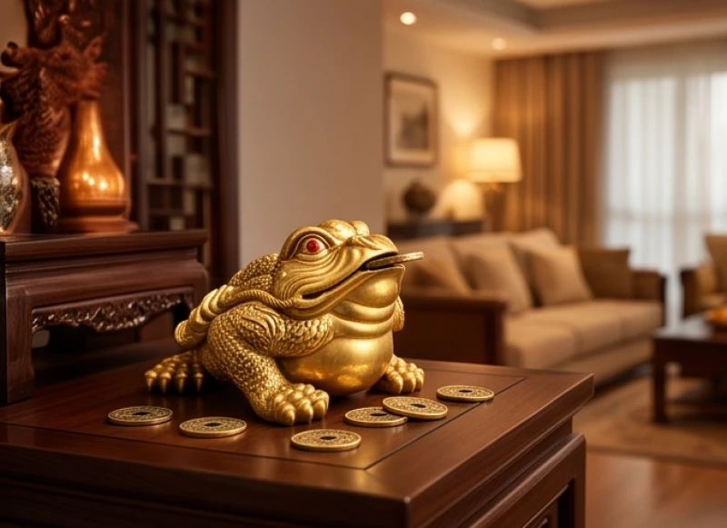 Tượng cóc ngậm tiền được đặt cố định trên ban thần tài với hướng mặt quay hẳn vào bên trong nhà