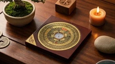 La bàn phong thủy cổ và các biểu tượng ngũ hành thể hiện quy luật thiên can tương hợp tương khắc