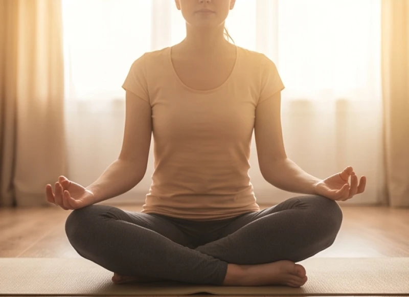 Người ngồi thiền tĩnh tâm với đôi bàn tay đặt nhẹ trên đùi trong không gian yên tĩnh