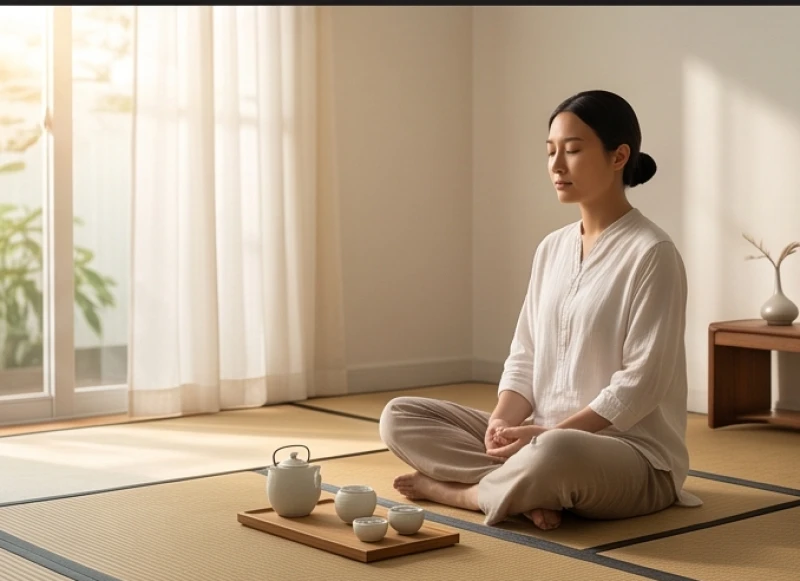 Người phụ nữ đang tĩnh tâm thưởng trà và thiền định để giải tỏa áp lực ngũ hành