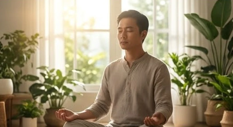 Người phụ nữ nhắm mắt thiền định trong không gian yên tĩnh ngập tràn ánh sáng tự nhiên