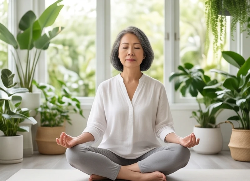 Phụ nữ ngồi thiền thư giãn trong không gian tràn ngập ánh sáng tự nhiên và cây xanh
