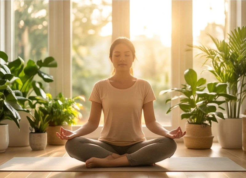 Một người đang ngồi thiền hít thở sâu trong không gian yên tĩnh