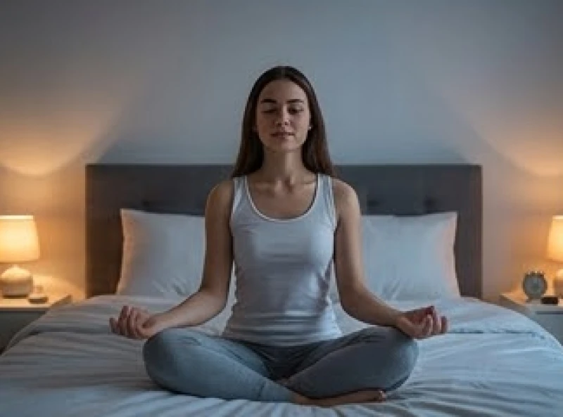 Người phụ nữ ngồi xếp bằng nhắm mắt thiền tĩnh tâm trên giường giữa không gian phòng ngủ dịu mát và yên tĩnh