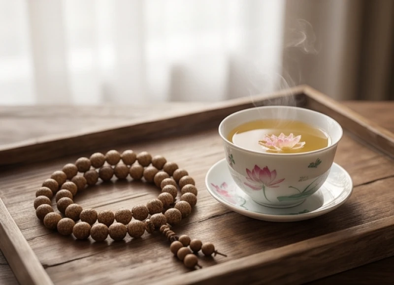 Chuỗi hạt trầm hương và tách trà sen dưỡng sinh hỗ trợ người cao tuổi điều hòa nhịp thở