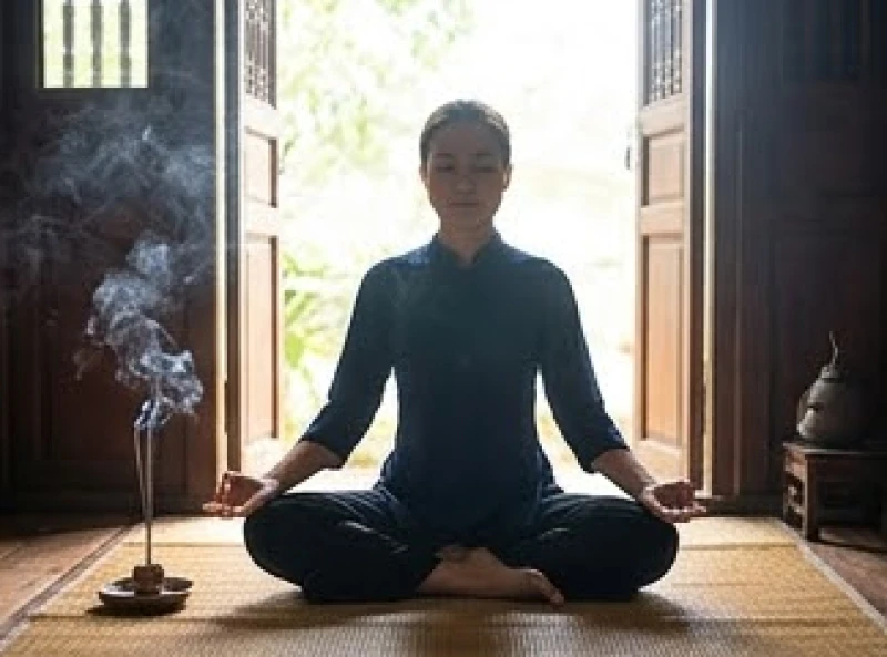 Người đàn ông ngồi thiền tịnh tâm trên đệm cói tatami cạnh cửa sổ ngập nắng