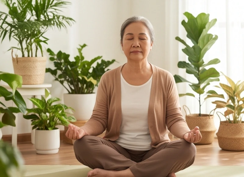 Tử vi trọn đời tuổi Giáp Thìn 1964 nữ mạng: Vận hạn & thọ mệnh 7 Phụ nữ trung niên ngồi thiền thư giãn trong không gian tràn ngập ánh sáng tự nhiên và cây xanh