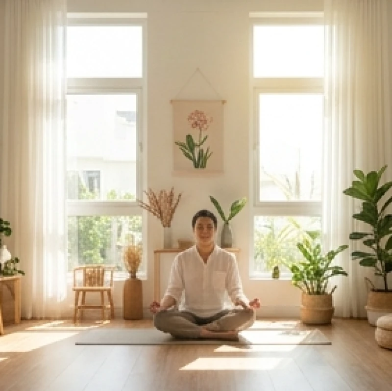 Không gian phòng ngủ tĩnh lặng và ngập tràn ánh sáng tự nhiên hỗ trợ đắc lực cho việc thiền định và cân bằng cảm xúc