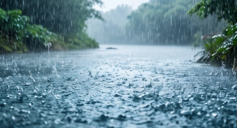 Cơn mưa lớn trút xuống mặt sông làm tăng thêm lượng nước và sức mạnh cho dòng chảy