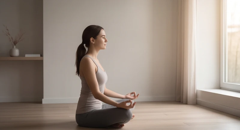 Người phụ nữ ngồi thiền trong không gian yên tĩnh giúp giải tỏa áp lực và thanh lọc tâm trí