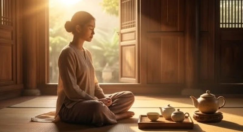 Người ngồi thiền tĩnh tâm kết hợp uống trà để cân bằng hỏa khí trong cơ thể