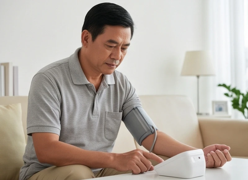 Người đàn ông trung niên đang cẩn thận tự đo huyết áp bằng máy điện tử tại phòng khách