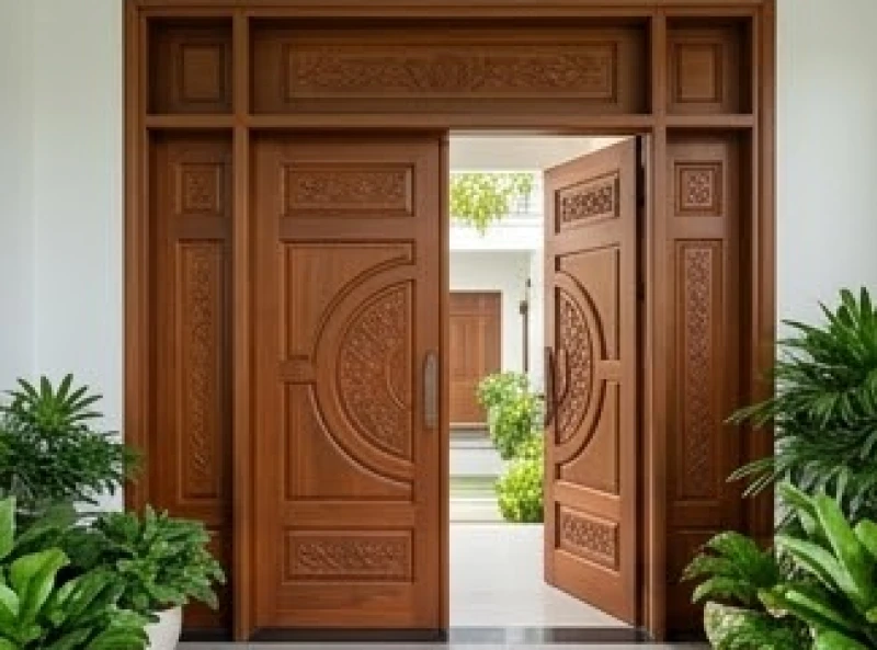 Cửa chính bằng gỗ gõ đỏ thiết kế chuẩn phong thủy cho gia chủ tuổi Tân Sửu