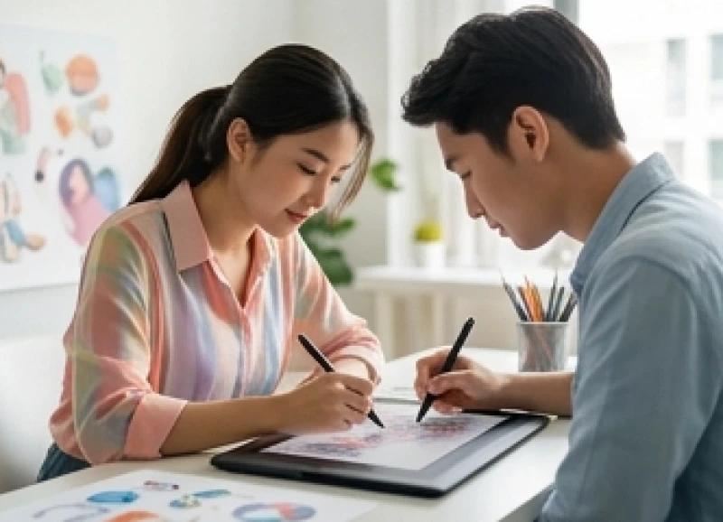 Tuổi Dần hợp nghề gì: Bảng tra cứu đối chiếu theo Can Chi 8 Sinh viên thiết kế đồ họa phác thảo ý tưởng sáng tạo trên bảng vẽ điện tử