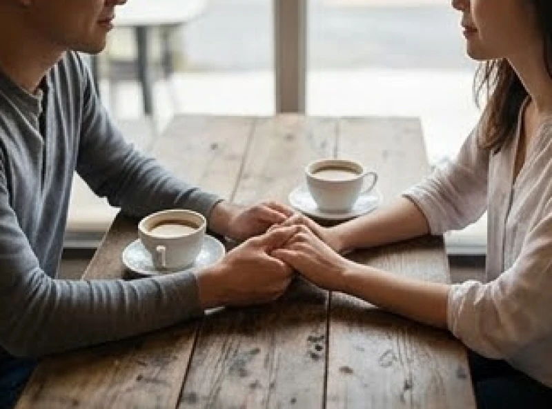 Mơ thấy người yêu hiện tại gặp lại người cũ: Điềm báo & ứng xử 6 Hai bàn tay nắm lấy nhau đầy thấu hiểu trên chiếc bàn gỗ tại một quán cà phê yên tĩnh