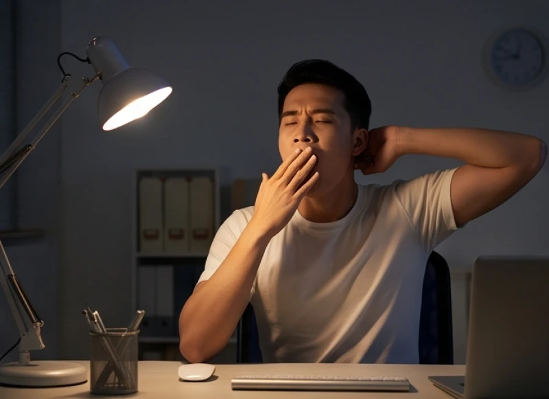 Nam thanh niên tỏ ra mệt mỏi và buồn ngủ khi phải thức khuya làm việc căng thẳng