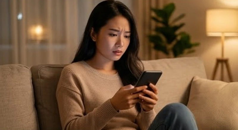 Một người phụ nữ đang cầm điện thoại lướt mạng xã hội với vẻ mặt lo âu trên chiếc sô pha ấm cúng