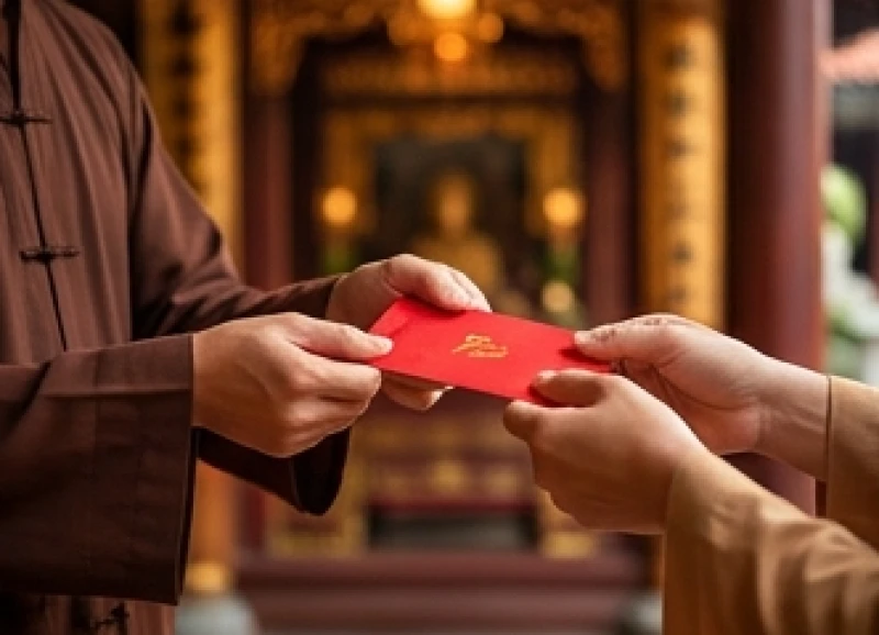 Tín đồ thành kính nhận bao lì xì đỏ chứa lộc bình an từ ban quản lý miếu Bà Chúa Xứ