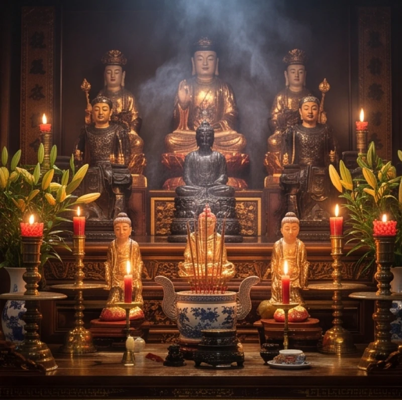 Không gian ban Công Đồng Tứ Phủ Trần Triều với ánh nến lung linh và khói nhang huyền ảo