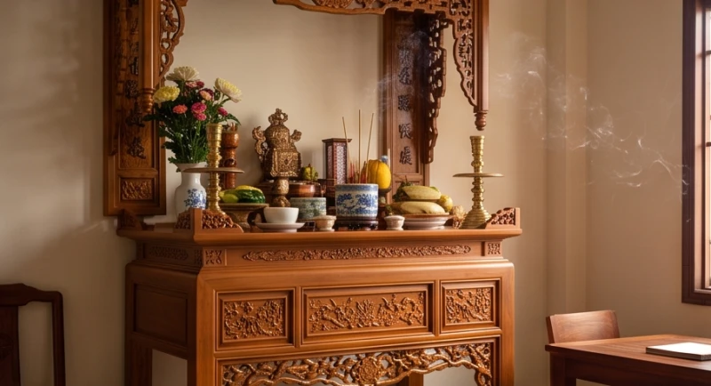 Khung cảnh tĩnh lặng phía trước ban thờ gia tiên chạm khắc hoa văn tinh xảo với khói hương trầm
