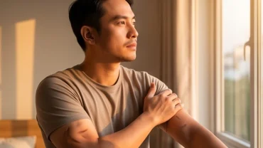 Người xoa bóp bắp tay mệt mỏi để tìm hiểu hiện tượng thịt giật là điềm gì theo phong thủy