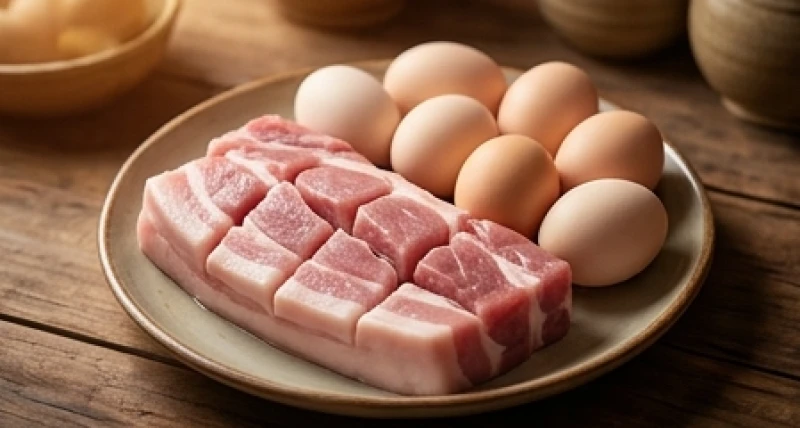Đĩa thịt lợn sống khía thành 5 phần cùng 5 quả trứng vịt nguyên vỏ chuẩn bị dâng lên ban thờ