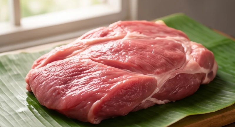 Tảng thịt lợn mới xẻ còn vương chút máu tươi hồng hào đại diện cho năng lượng may mắn bùng nổ