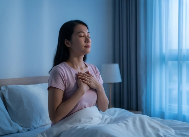 Người phụ nữ ngồi thiền trên giường và thực hiện kỹ thuật hít thở sâu để lấy lại bình tĩnh