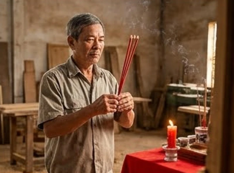 Chủ xưởng mộc hai tay chắp nén nhang đỏ châm lửa, mắt nhìn thẳng vào bát hương đọc bài văn khấn cầu bình an