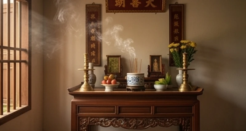 Bàn thờ gia tiên truyền thống được nhang khói cẩn thận để giữ gìn đạo hiếu và sự bình an cho gia đạo
