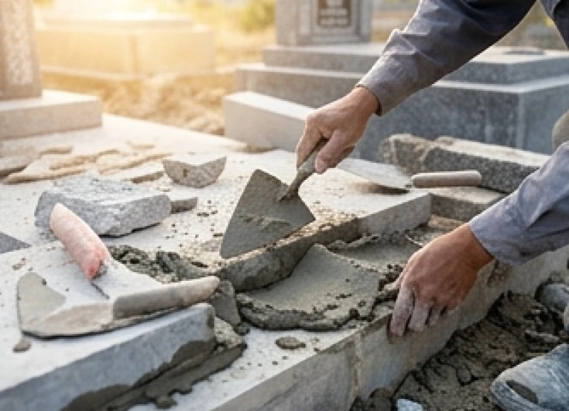 Thợ đá chuyên nghiệp đang cẩn thận trát xi măng lên phần bệ mộ trong điều kiện ánh sáng rõ ràng của buổi sáng