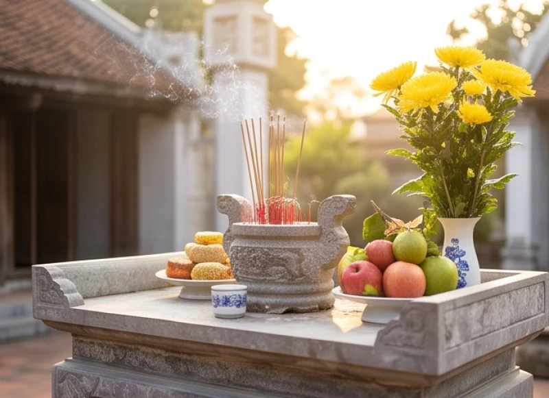 Mâm lễ cúng cây hương ngoài trời với hương, hoa, trái cây tươi dâng lên Hoàng Thiên Hậu Thổ