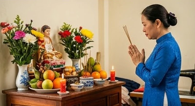 Người chủ tiệm may mặc áo dài trang nghiêm đang chắp tay thắp hương dâng lên bàn thờ tổ nghề trước giờ làm việc