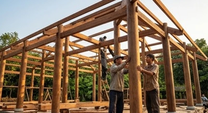 Mơ thấy dựng nhà gỗ là điềm gì: Ý nghĩa hành Mộc & số tài lộc 1 Cảnh những người thợ mộc đang đục đẽo và ghép nối các cột gỗ để dựng nhà mới