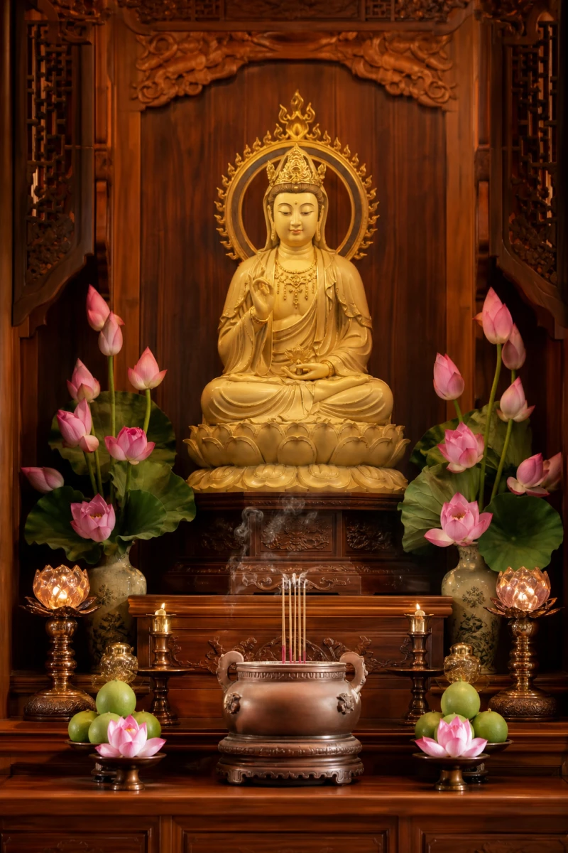 Hướng bàn thờ hợp tuổi Ngọ: chuẩn Bát trạch theo từng can chi 8 Bàn thờ Phật Đại Thế Chí Bồ Tát được đặt ở vị trí cao nhất vô cùng trang nghiêm