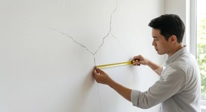 Chủ nhà đang cẩn thận kiểm tra các vết nứt chân chim trên bức tường thực tế